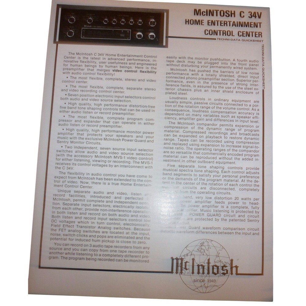McIntosh C 34V Home Entertainment Control Center Techni-Data Quicksheet Vintage